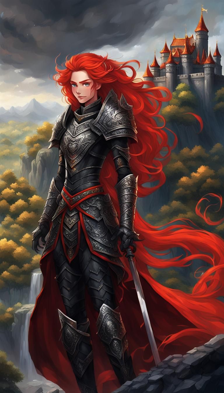 Red-Haired Princess in Black Armor on Dragon Mountain