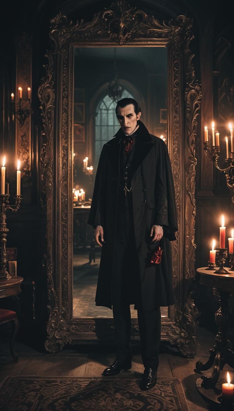 Dracula's Missing Reflection in Candlelit Gothic Room