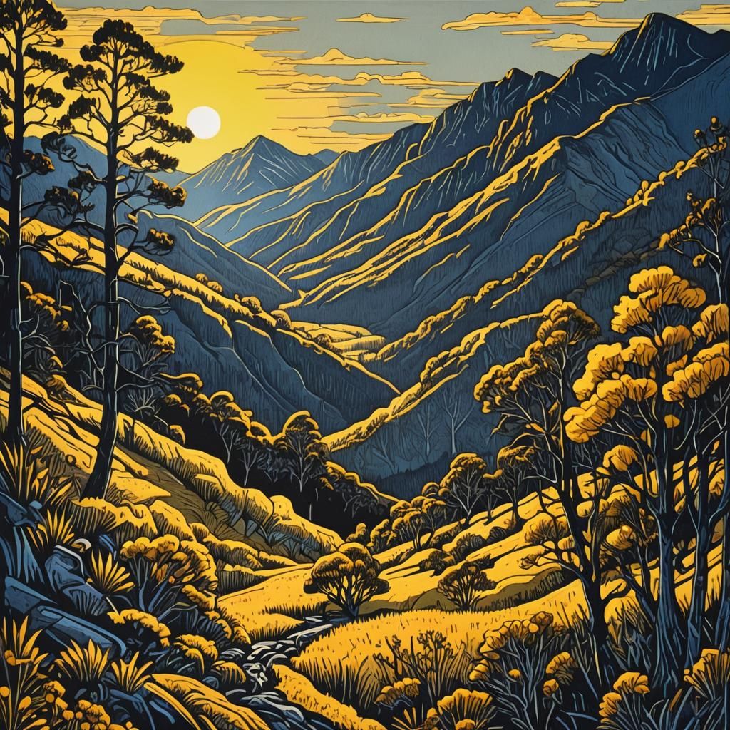 Tasmanian Mountains: Linocut Illustration in Yellow and Blac...