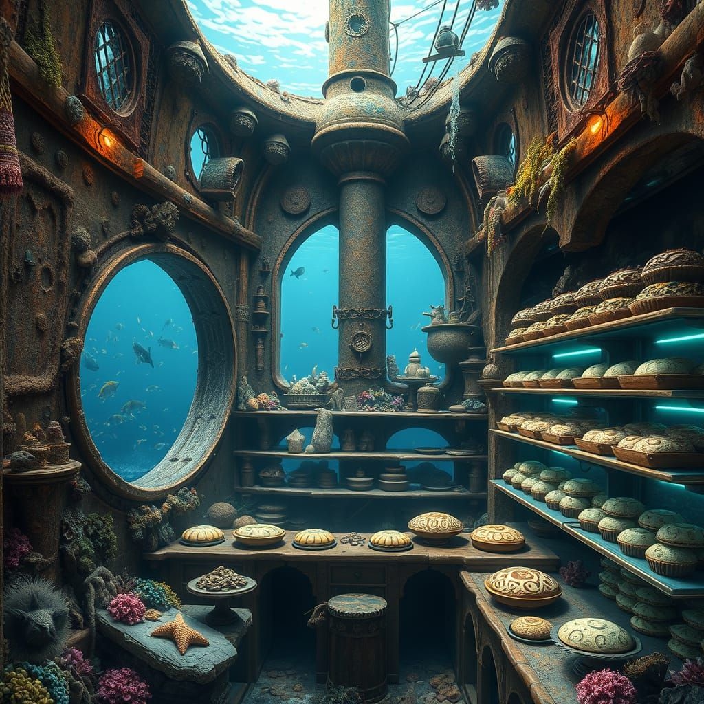 Underwater Shipwreck Bakery with Bioluminescent Algae