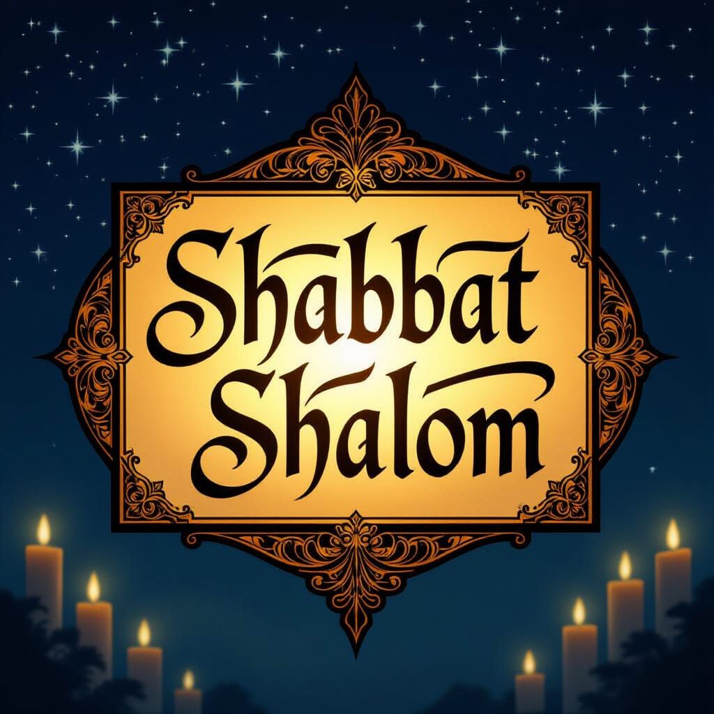 Ethereal Art Nouveau "Shabbat Shalom" Sign with Candlelight