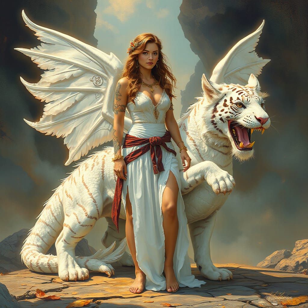 Woman and Mythical White Tiger-Dragon Companion