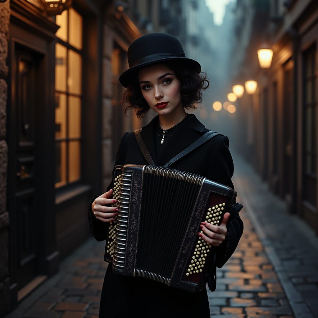 Whimsical Edith Piaf in 1930s Parisian Street Scene, Impress...