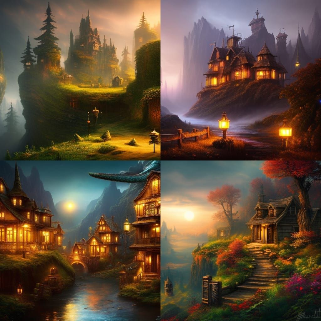 Ominous Fantasy Village in Rococo Cel-Shaded Style
