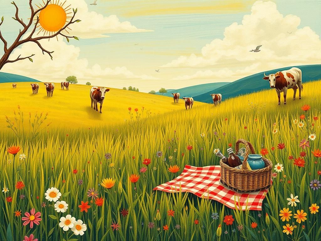 Sunny Meadow Picnic with Cows in Folk Art Style
