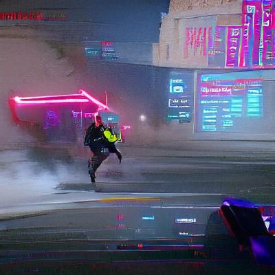 Cyberpunk Fugitive Running in Neon Cityscape
