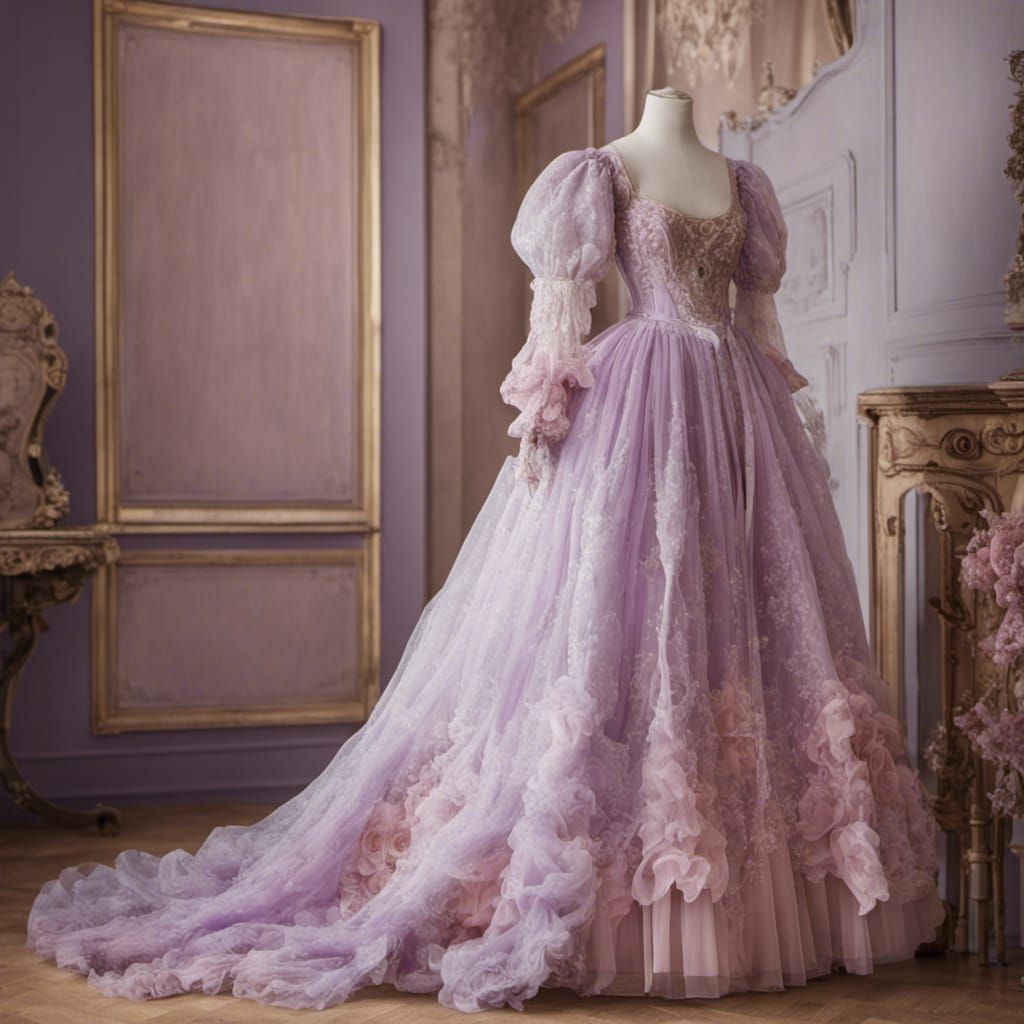 Rococo Princess Dress on Dress Form in Lilac and Pink
