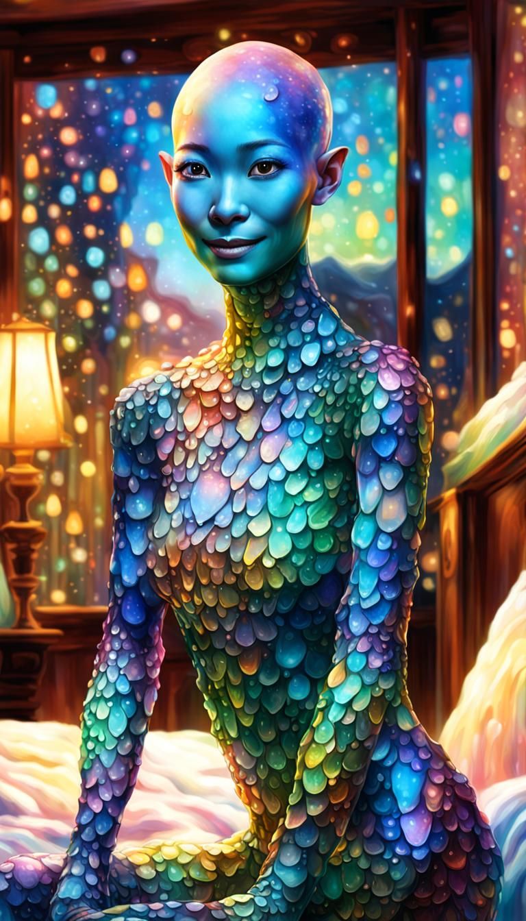 Iridescent Woman Smiling in Hotel Room: Fantasy Art