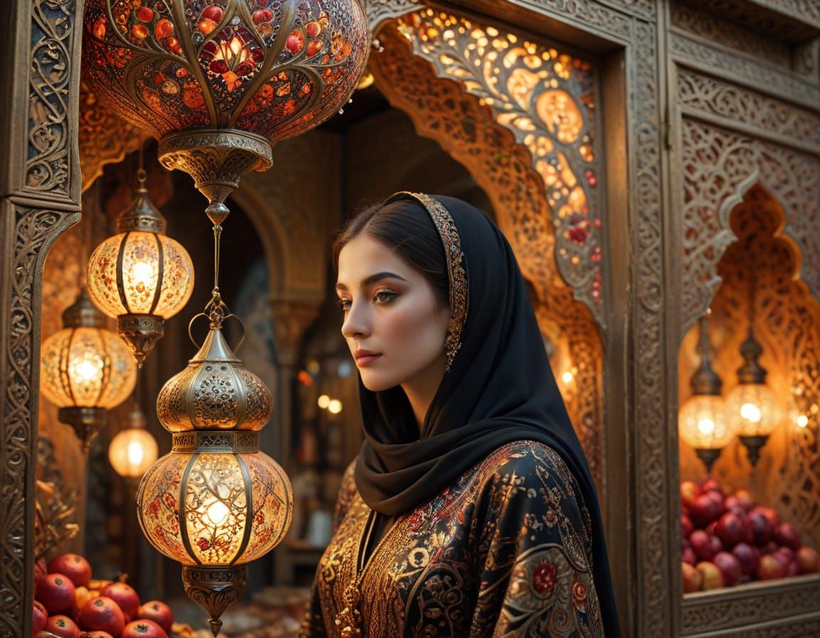 Iranian Bazaar Scene in Surrealist Style