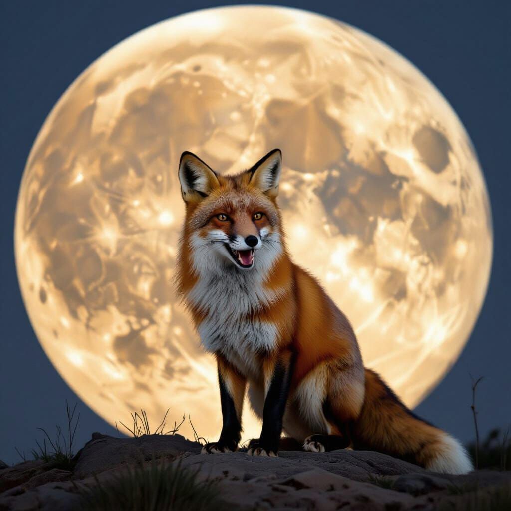Fox Roaring at Full Moon Silhouette