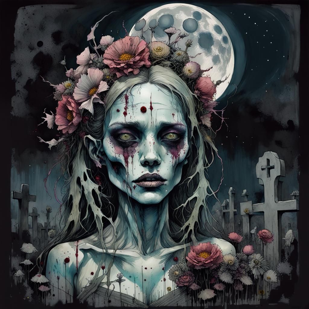 Zombie Queen in Graveyard Ink Painting