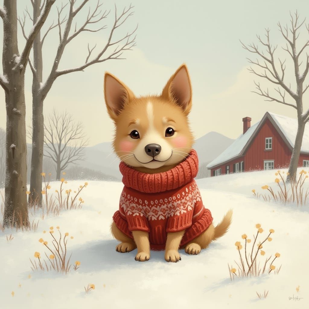 Cozy Dog on Snowy Hillside in USA