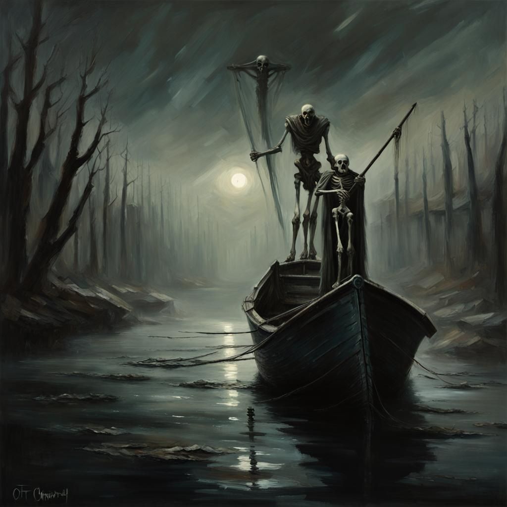 Skeletal Charon on River Styx: Impasto Oil Painting