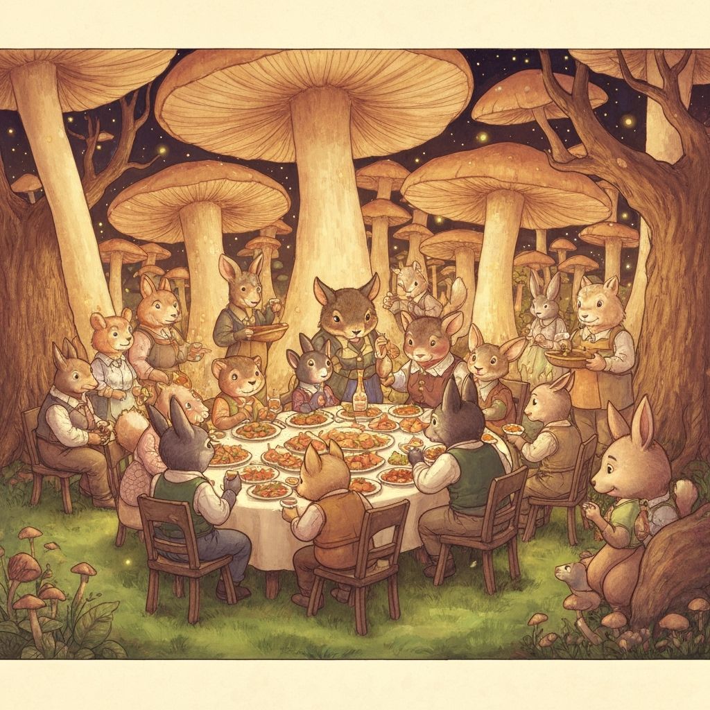 Woodland Creatures Feast Under Glowing Mushrooms in Storyboo...