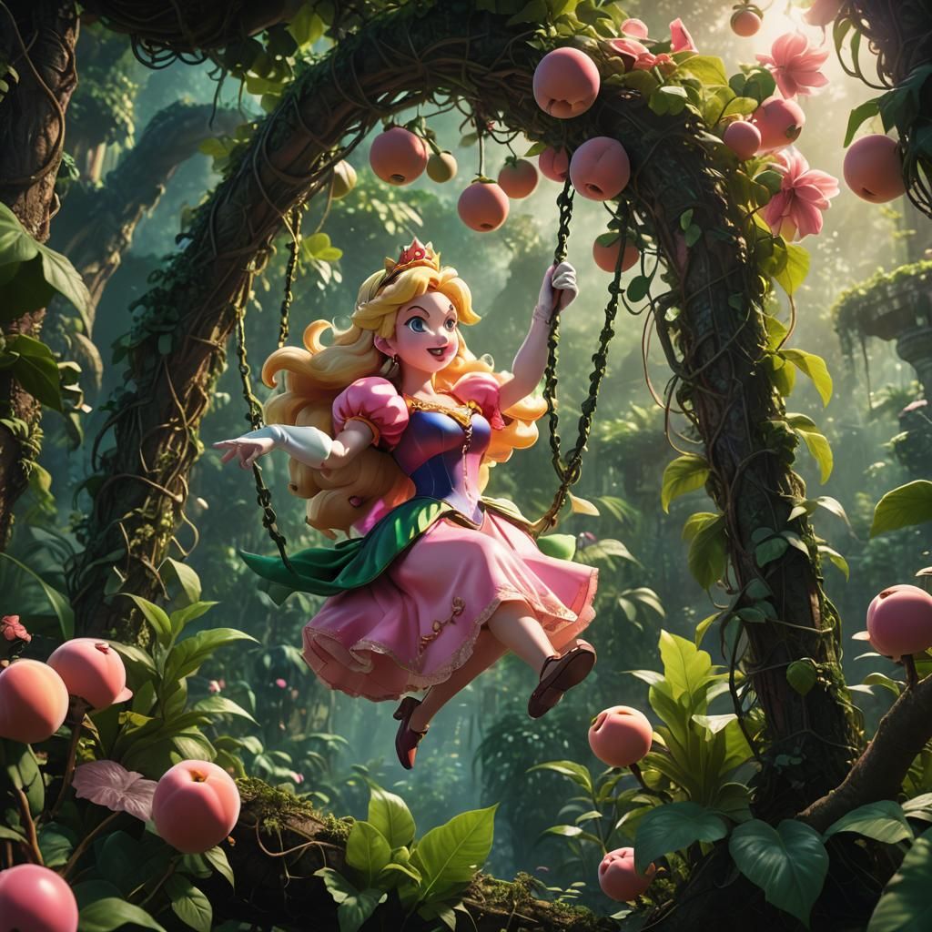 Princess peach swinging through the jungle on a vine