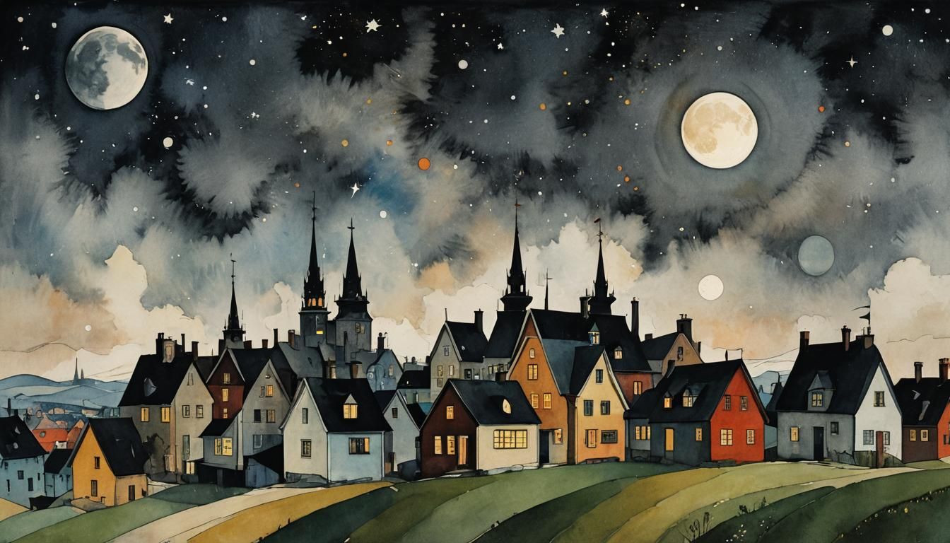 Stacked Houses Under Moonlit Sky: Cartoon Art