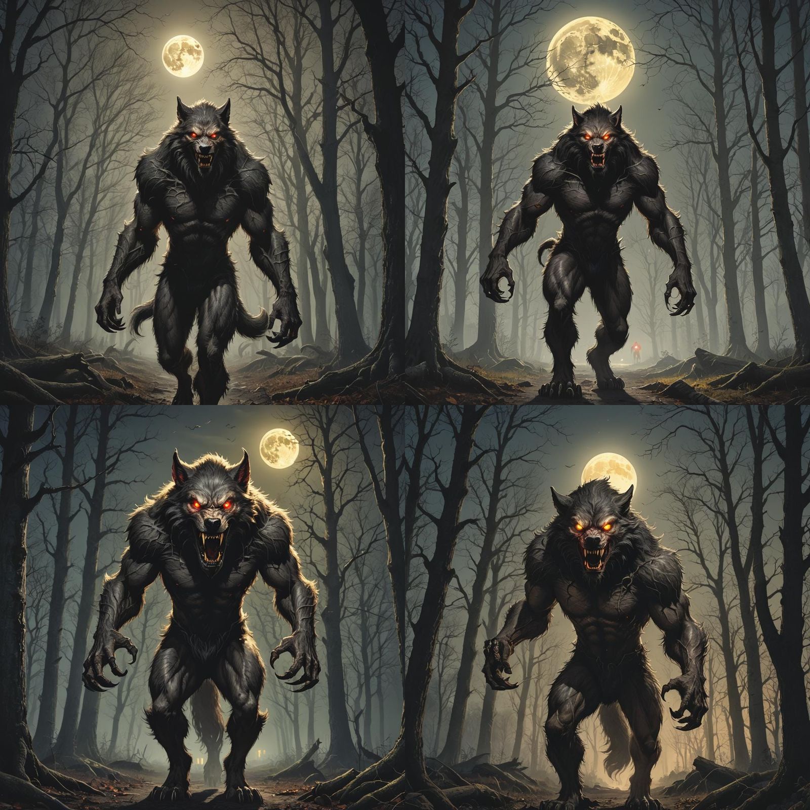Werewolf Silhouette Under Full Moon in Forest