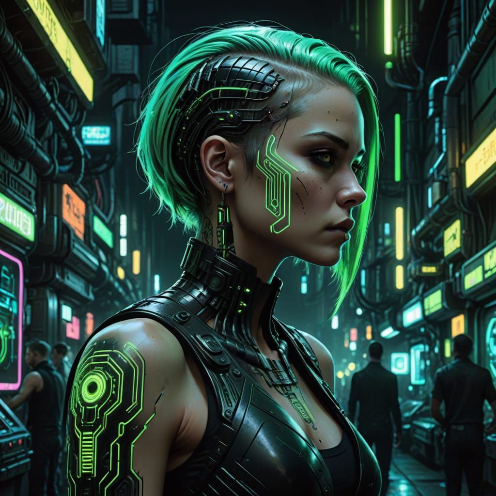 Cyberpunk Woman with Neon Hair and Circuit Board Tattoos