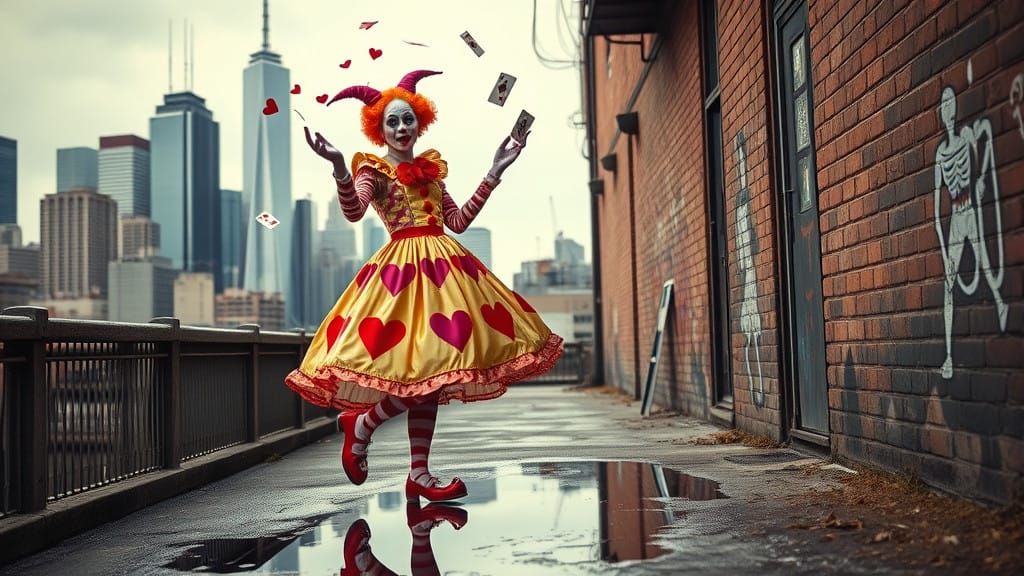 Whimsical Clown Twirls Near City Skyline in Vibrant Heart Mo...