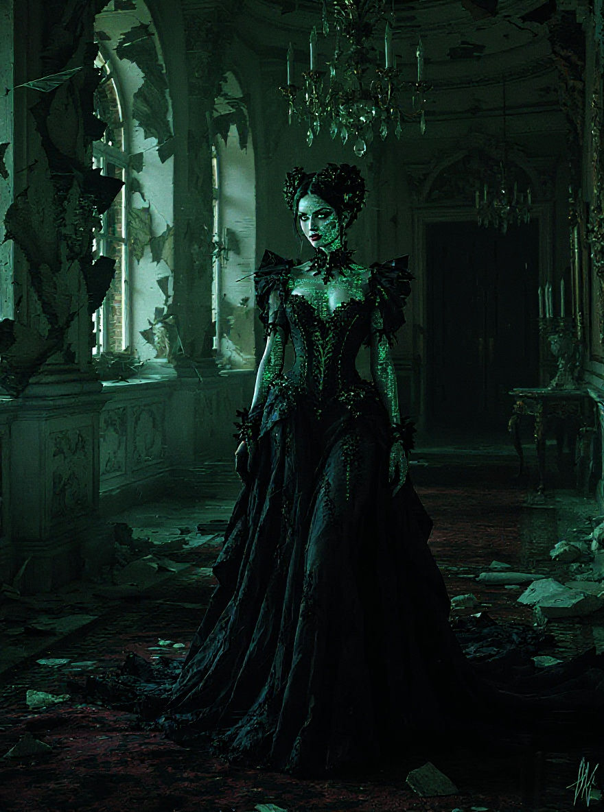 Gothic Lady in Glitched Mansion with Dramatic Lighting