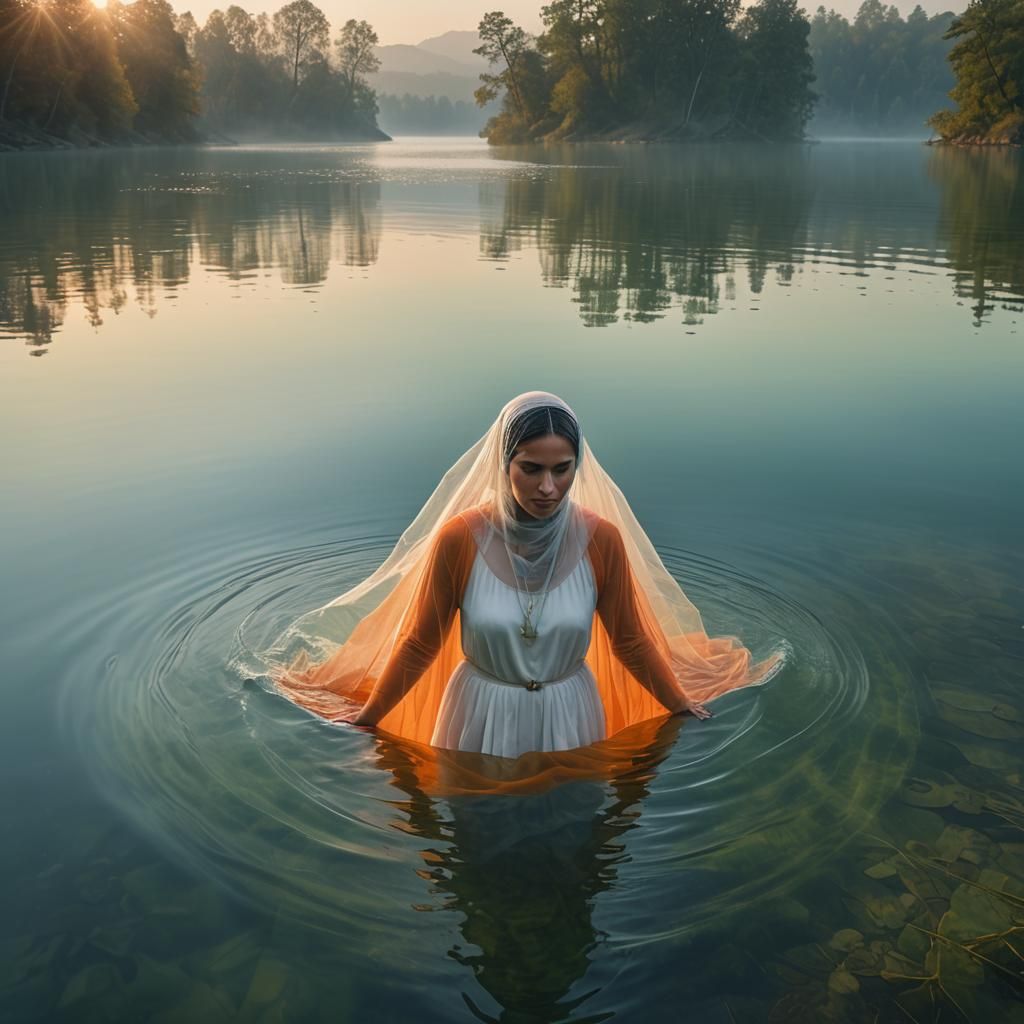 Woman in Veil Above Lake: Hyper-Realistic Digital Art