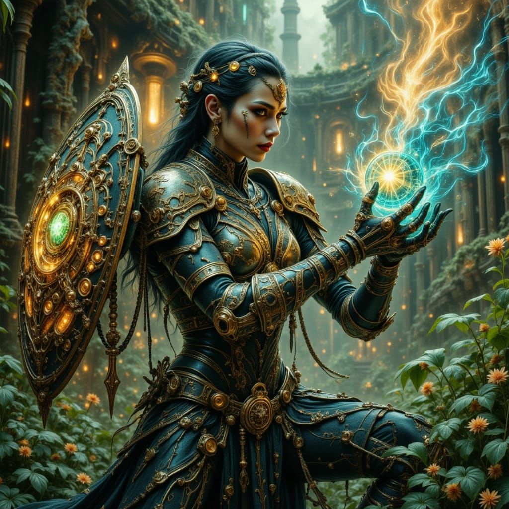 Steampunk Elf Warrior Deflects Magic Blast in Ruin