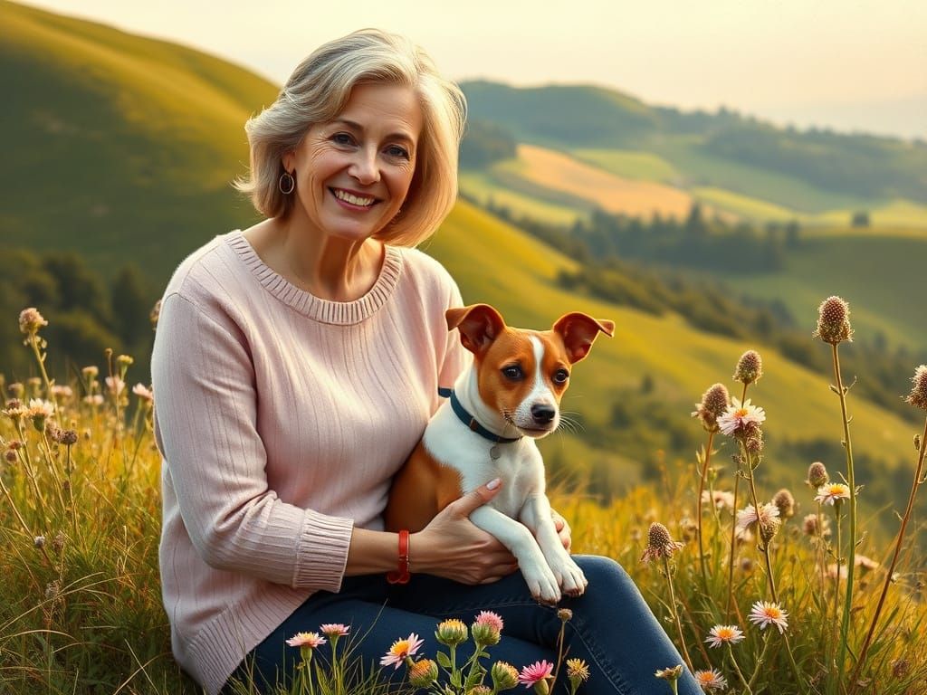 Elegant Woman with Jack Russell Terrier in a Lush Wildflower...