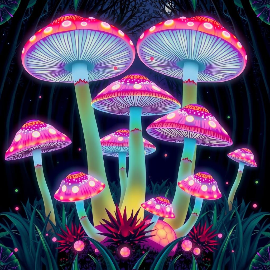 Surreal Bioluminescent Forest Scene with Radiant Mushrooms