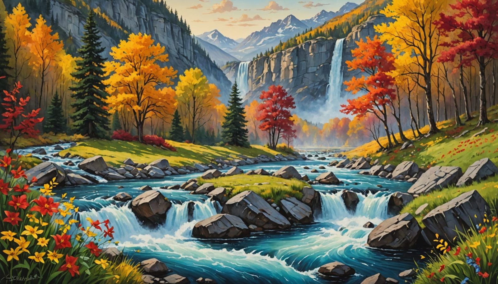 Autumn Sunrise Watercolor Landscape with Vibrant Flowers and...