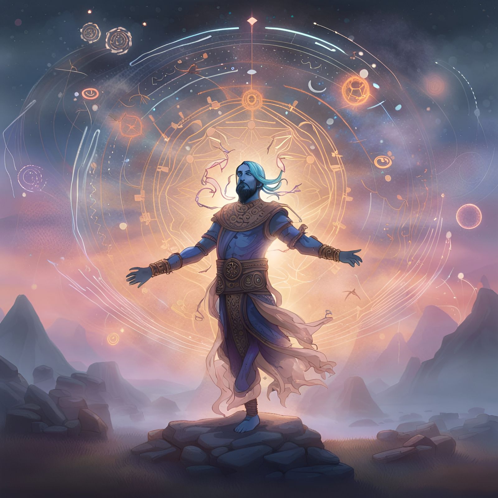 Space Shaman's Dance Among Arcane Symbols