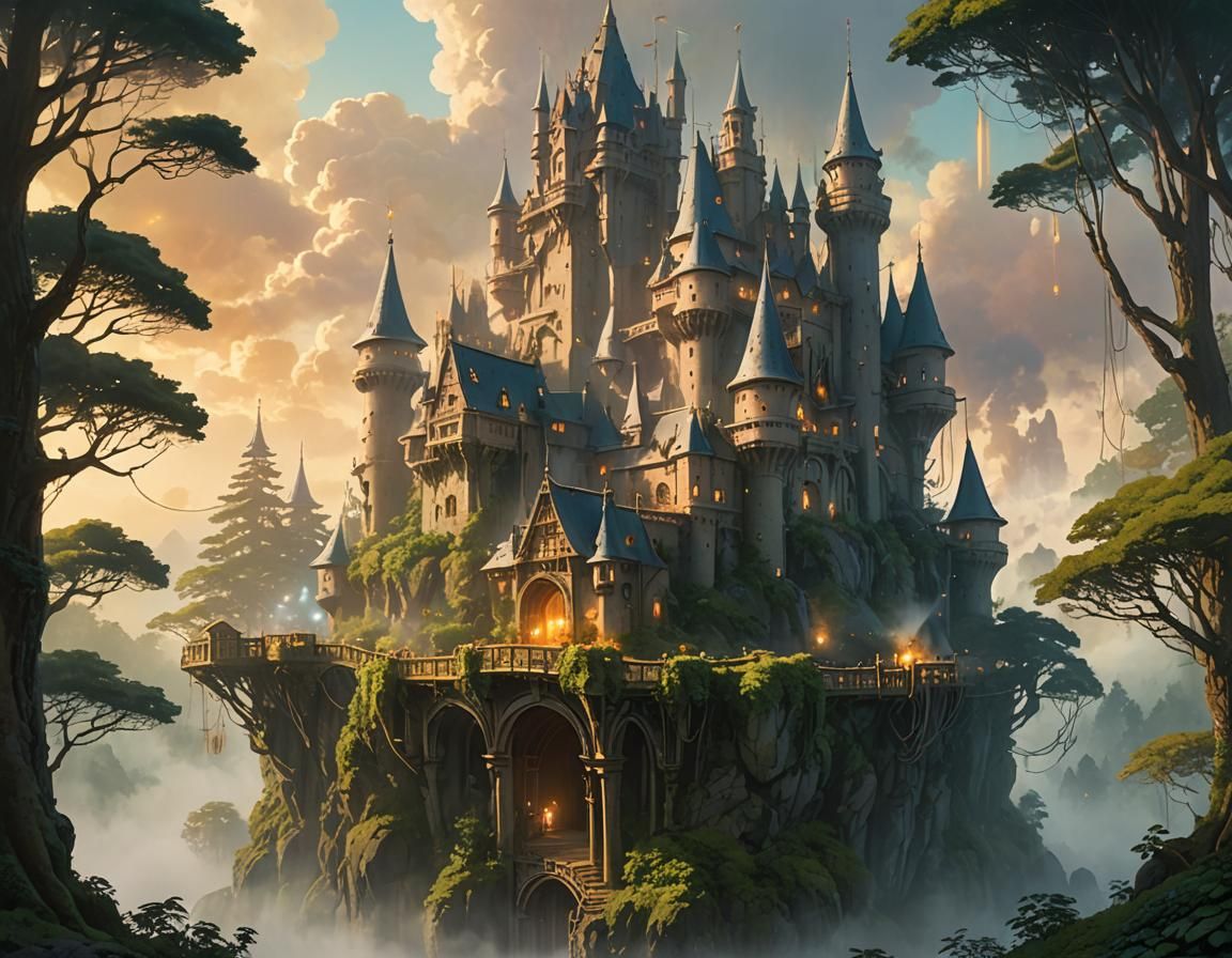 Fantastical Moving Castle in Misty Forest