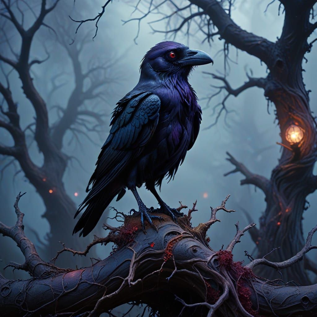 Skeletal Raven in Haunted Forest, Tim Burton Style