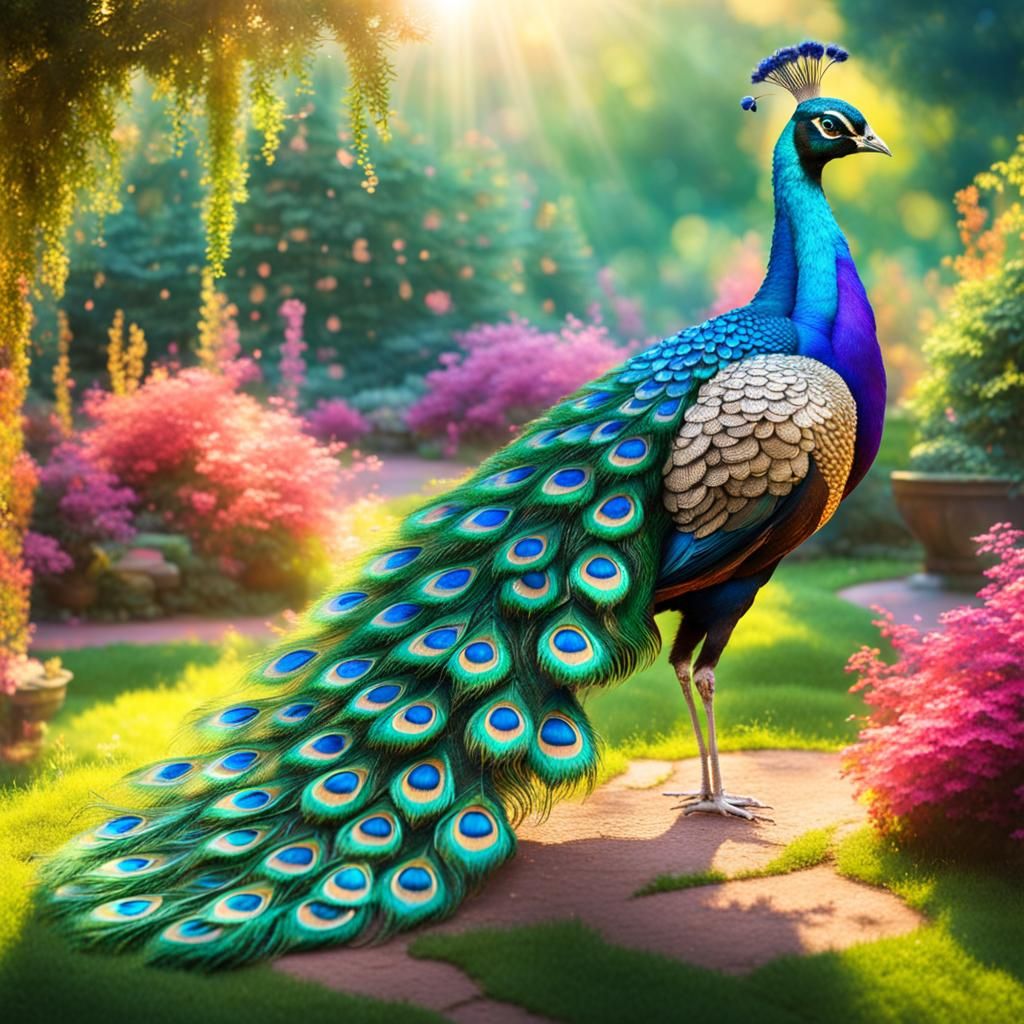 Crystal Peacock in Sunny Garden Displaying Tail