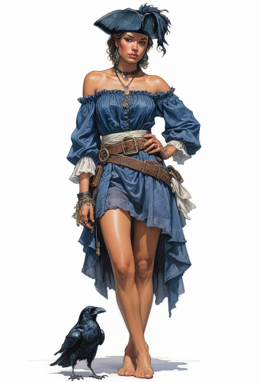 18th Century Pirate Woman and Raven, Detailed Illustration