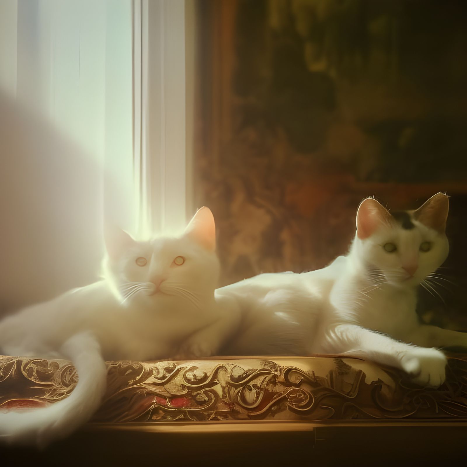 Cats on Antique Furniture with Silk Embroidery
