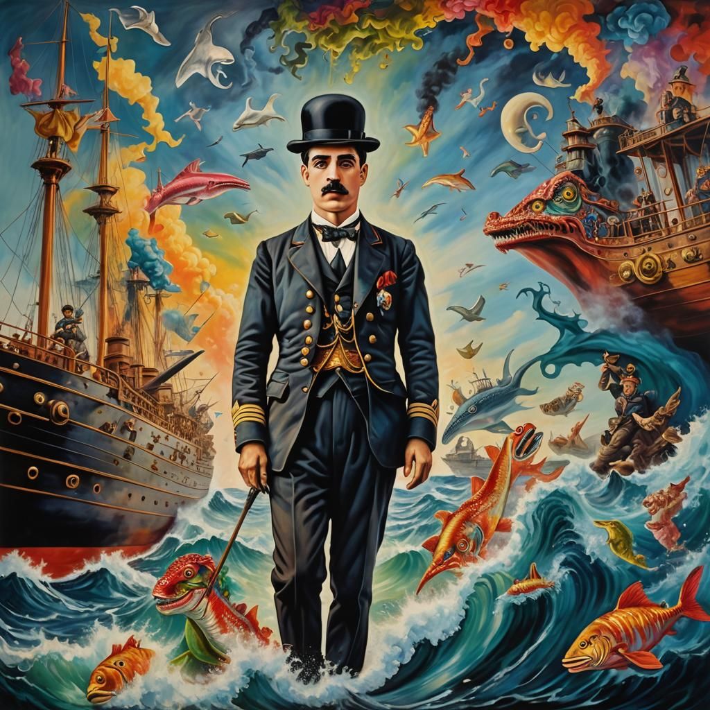 Chaplin as Napoleon: Surreal Sea Battle in Oil