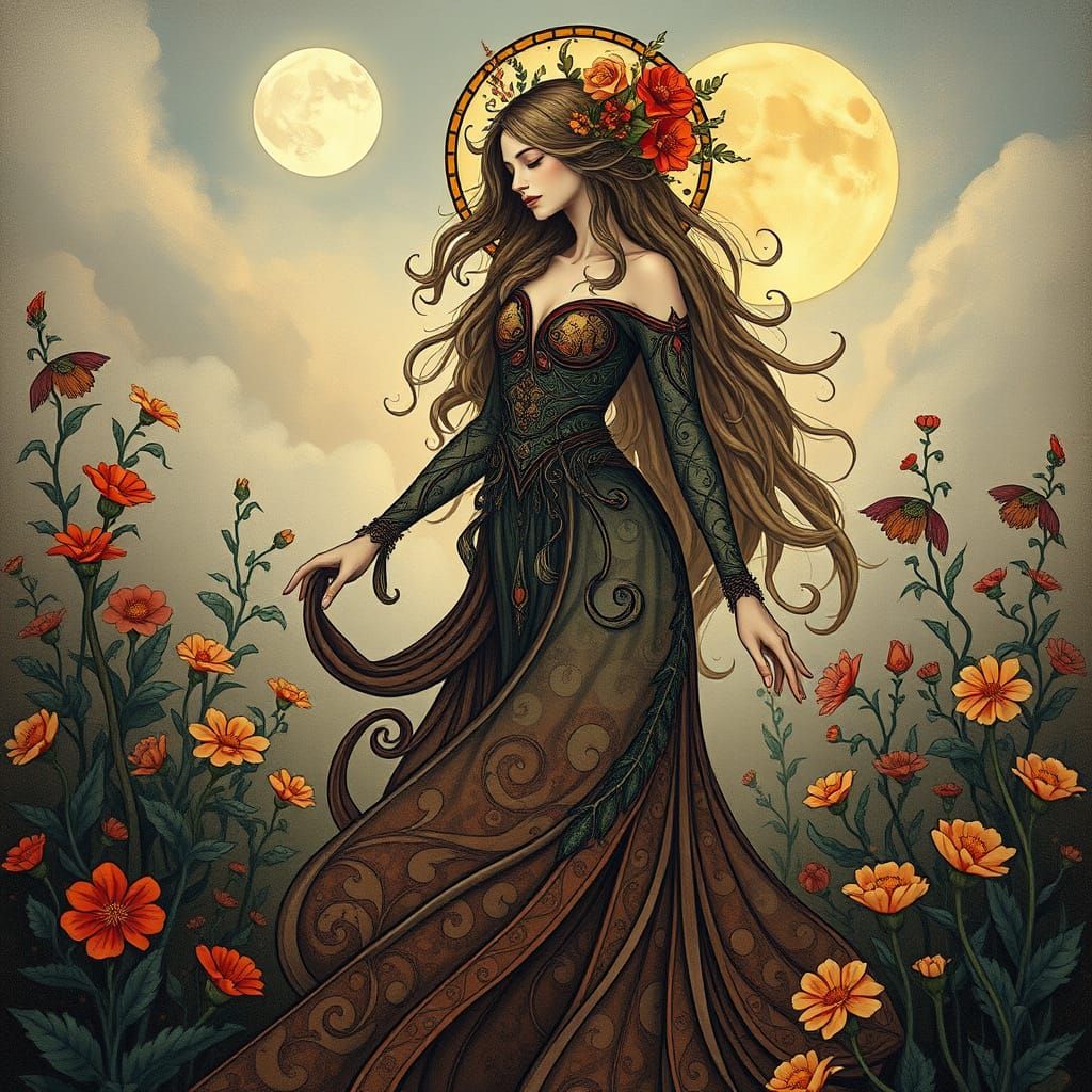 Mystical Woman in Art Nouveau Style Under Full Moon
