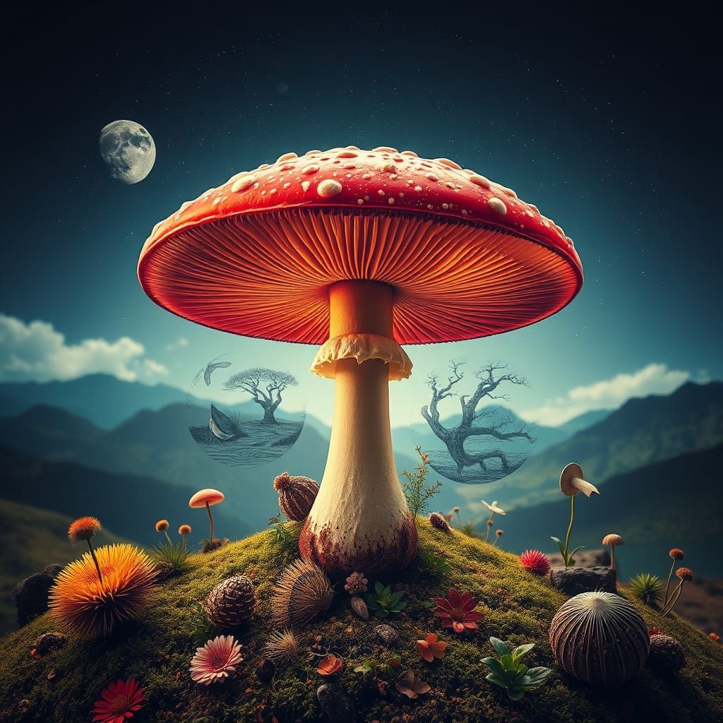 Surreal Mushroom Portrait in a Fantasy Landscape