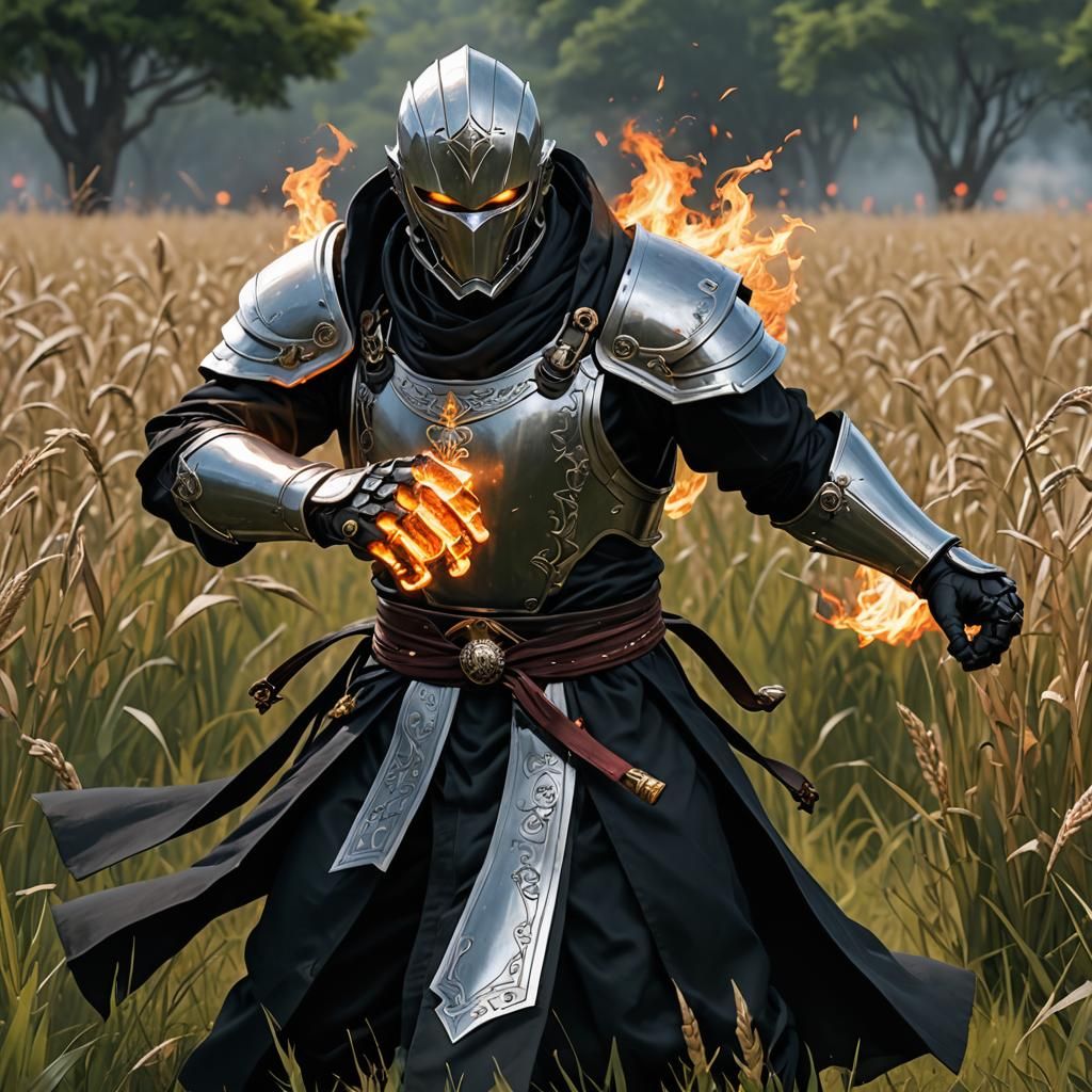 Warforged Monk Training with Fiery Fists: Anime Art