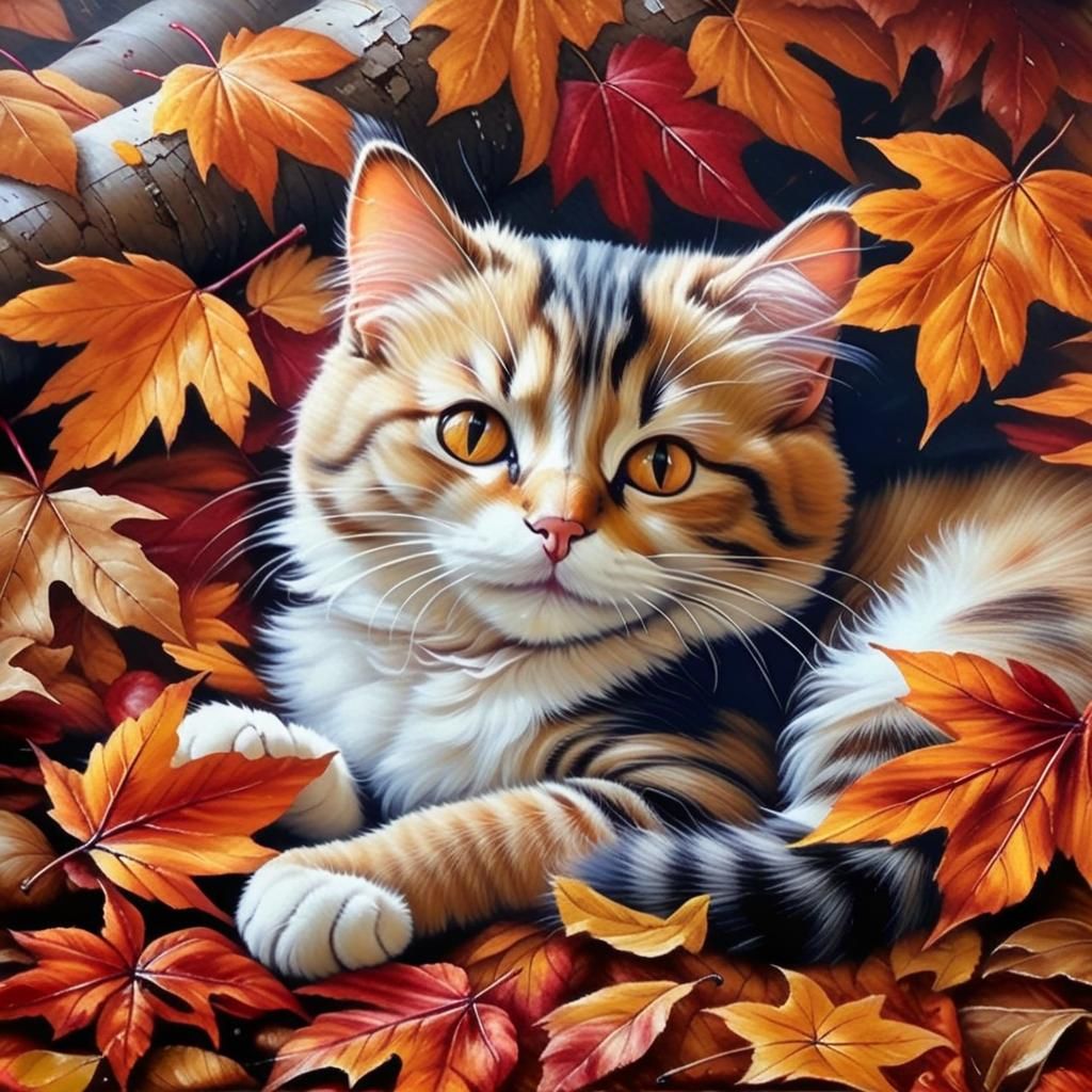 Cat Snuggled in Autumn Leaves: A Stunning Painting