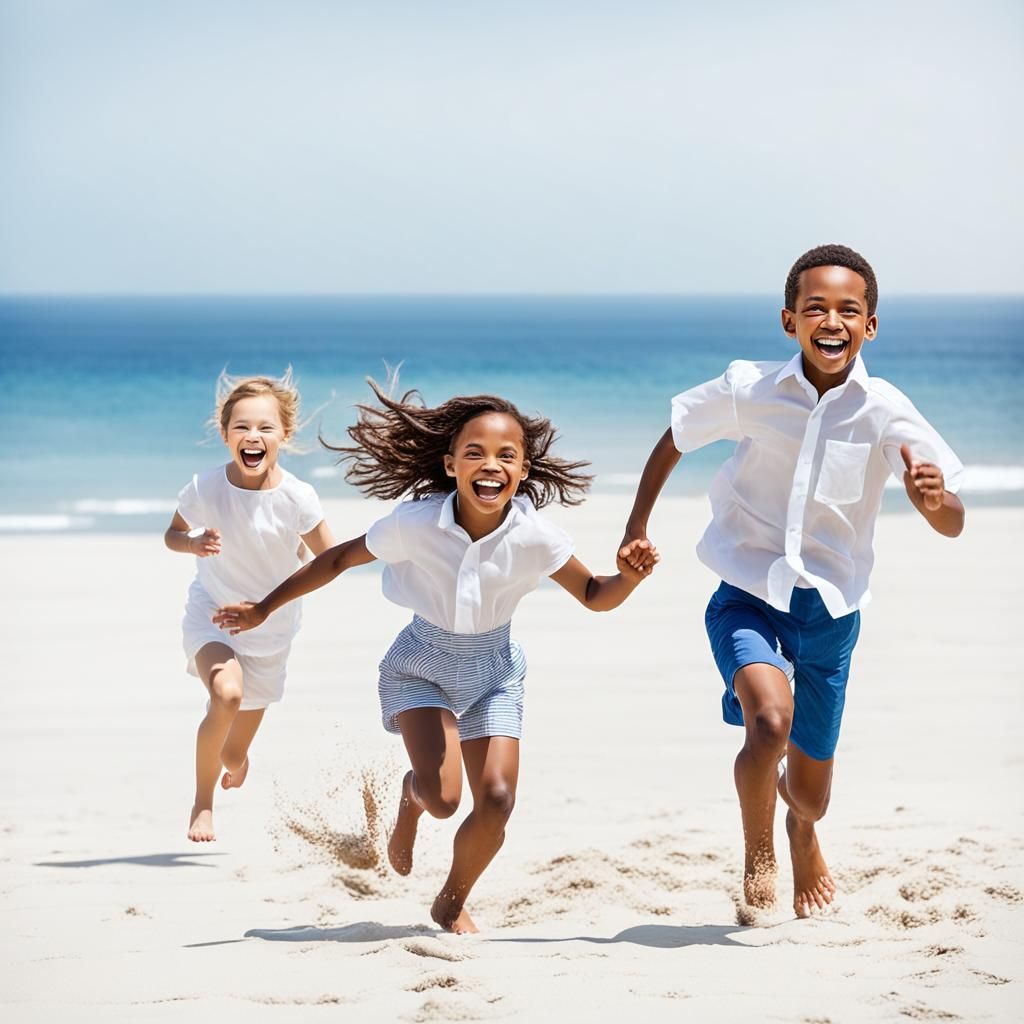 Children's Joyful Play on Sandy Beach, Portrait Photography