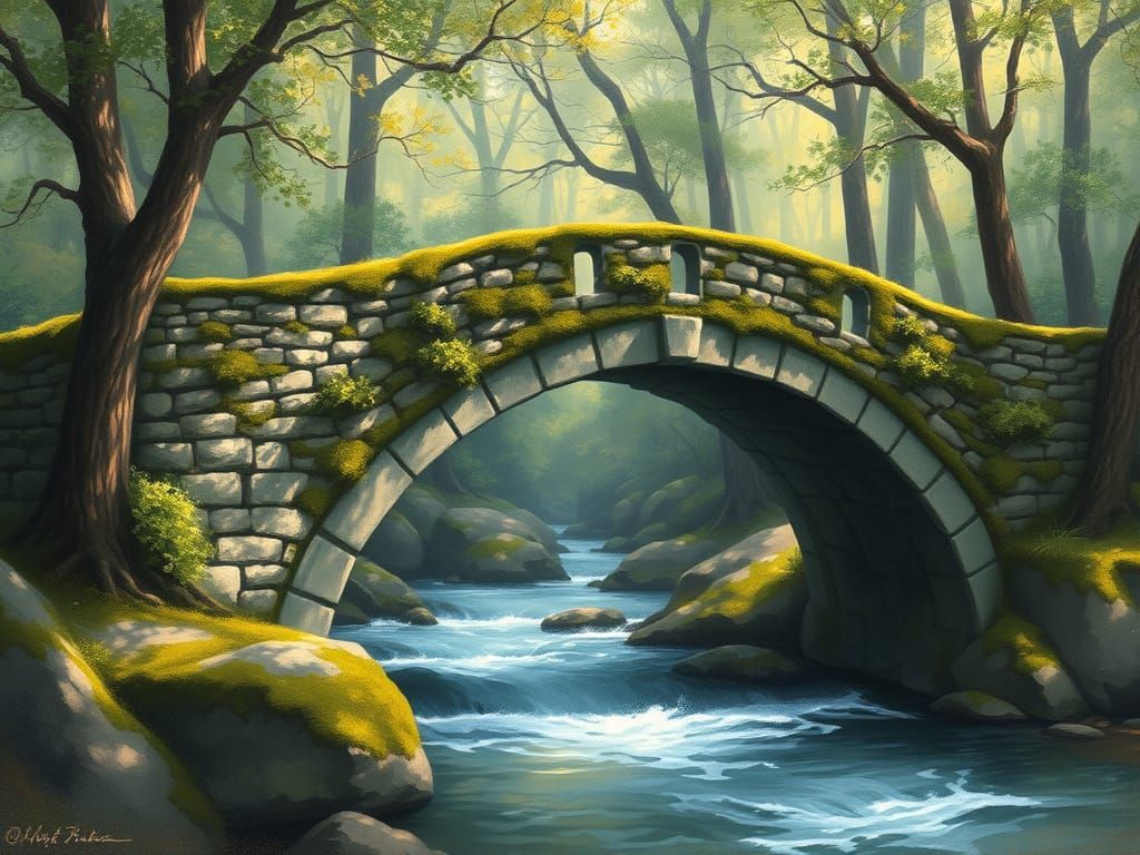 Peaceful Stone Bridge in a Mystical Forest
