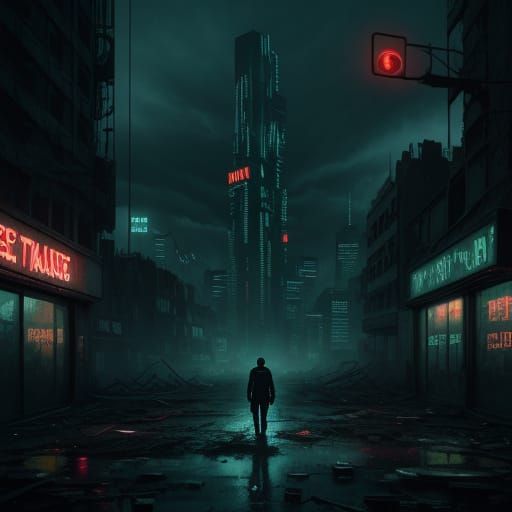 Surreal Cyberpunk Cityscape with Lone Figure