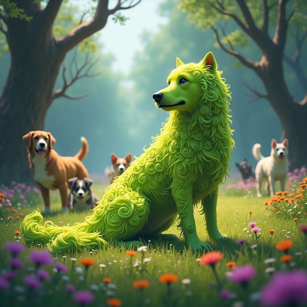 Lime-Green Dog in a Park: Whimsical Digital Art