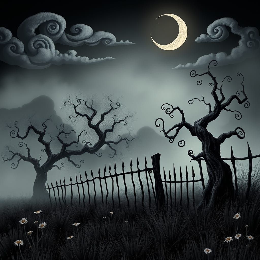 Whimsical Gothic Meadow Scene in Tim Burton Style