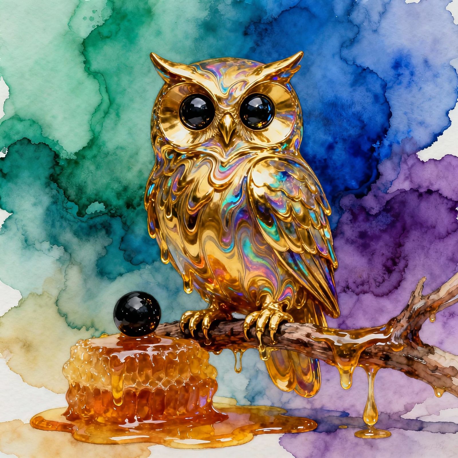 Golden Owl Perched on Honey Branch