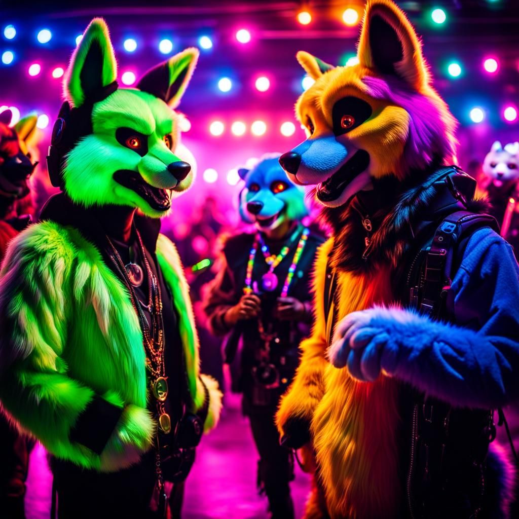 Furries at a Rave Party in Hyperrealistic Style
