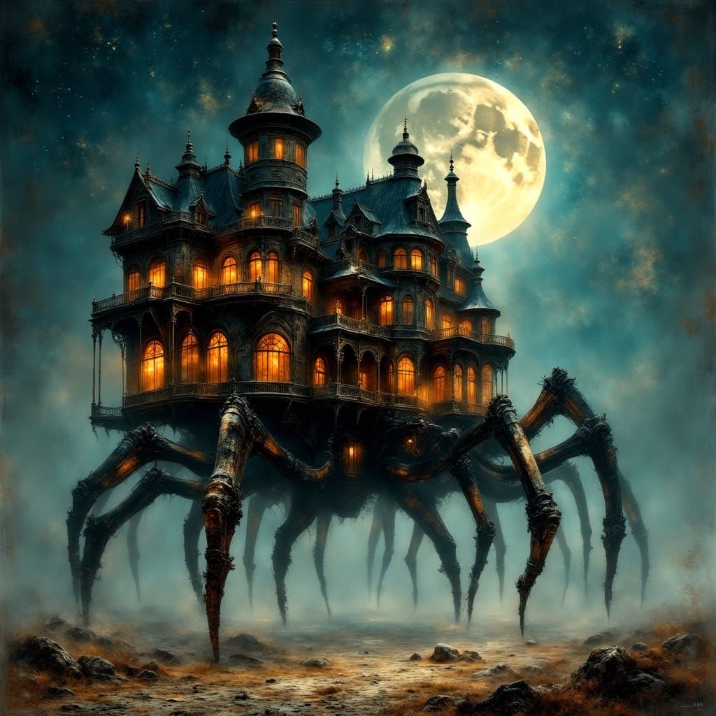 Steampunk Victorian Mansion Walks Desert Night