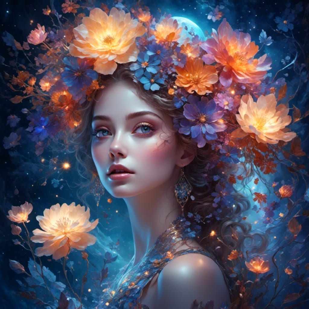 Beautiful Woman with Glowing Makeup in Moonlight