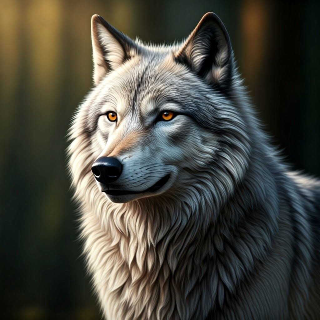 Silver Wolf in Forest, Hyperrealistic Oil Painting